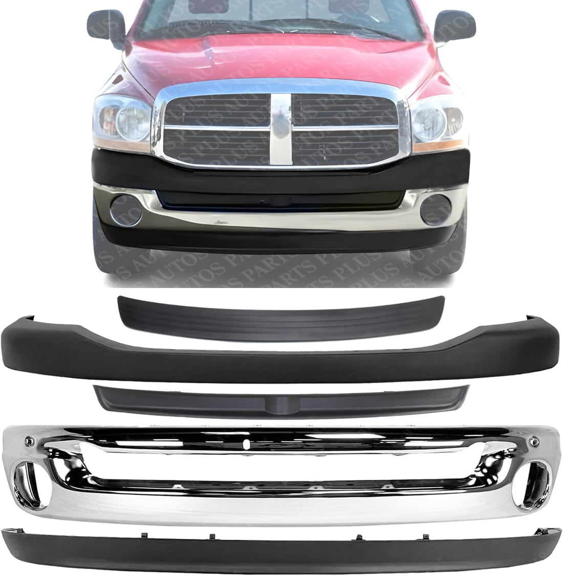 Front Bumper Chrome Steel + Upper Cover + Lower Valance Air Dam + Step Pad Molding + Inner Filler Direct Replacement Compatible With 2006-2008 Dodge Ram 1500/2006-2009 2500 3500