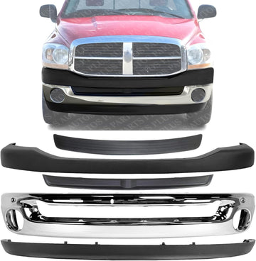 Front Bumper Chrome Steel + Upper Cover + Lower Valance Air Dam + Step Pad Molding + Inner Filler Direct Replacement Compatible With 2006-2008 Dodge Ram 1500/2006-2009 2500 3500