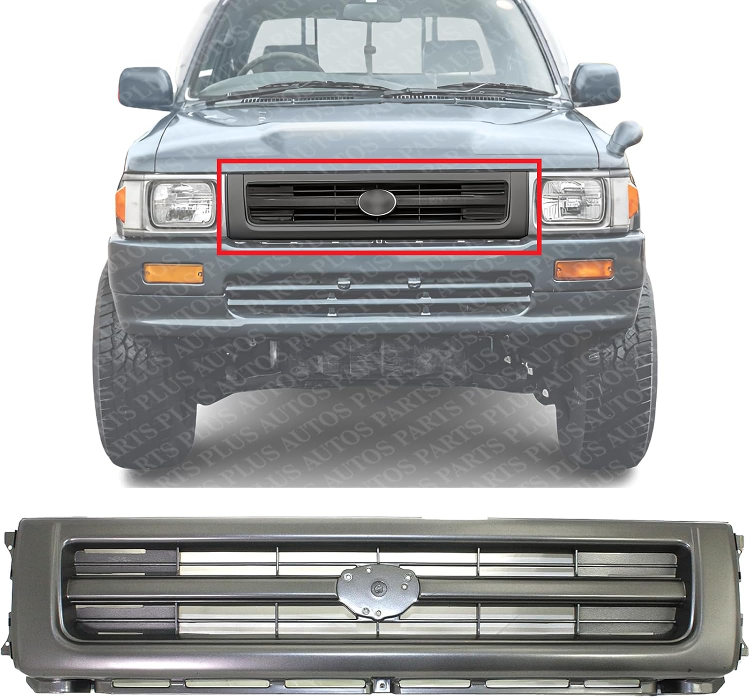 Front Center Grille Assembly Painted Dark Silver Shell And Insert Plastic Direct Replacement Compatible With 1992-1995 Toyota Pickup TO1200148 5311135130