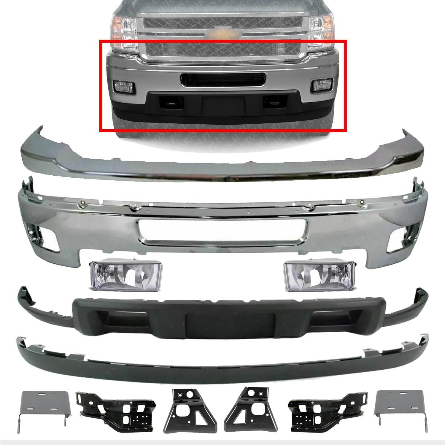 AUTOS PARTS PLUS Front Bumper + Upper Cover Chrome + Lower Valance + Extension + Fog Lights + Inner & Outer + Impact Brackets Direct Replacement Compatible With 2011-2014 Silverado 2500HD 3500HD