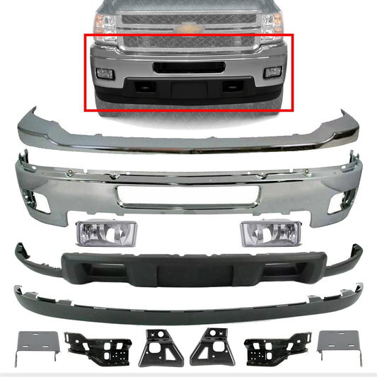 AUTOS PARTS PLUS Front Bumper + Upper Cover Chrome + Lower Valance + Extension + Fog Lights + Inner & Outer + Impact Brackets Direct Replacement Compatible With 2011-2014 Silverado 2500HD 3500HD