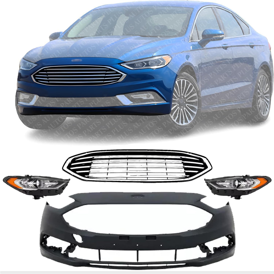 Front Bumper Cover Primed + Upper Grille Textured With Chrome Trim + Head Lights Left Driver And Right Passenger Side Direct Replacement Compatible With 2017-2018 Ford Fusion