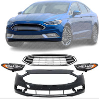 Front Bumper Cover Primed + Upper Grille Textured With Chrome Trim + Head Lights Left Driver And Right Passenger Side Direct Replacement Compatible With 2017-2018 Ford Fusion