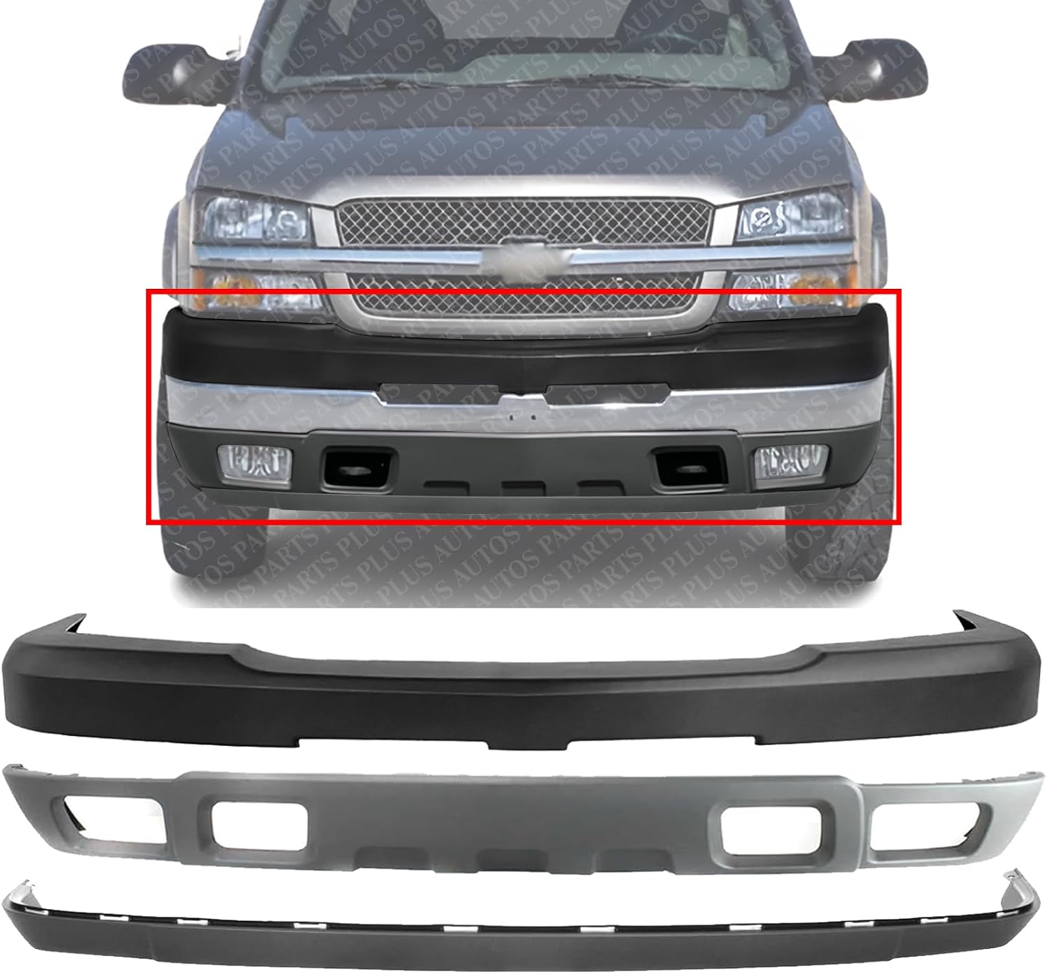Front Bumper Upper Cover + Lower Valance Air Deflector + Extension Direct Replacement Compatible With 2003-2006 Chevrolet Silverado 2500HD 3500 GM1051109 GM1092200 GM1092173 15139804