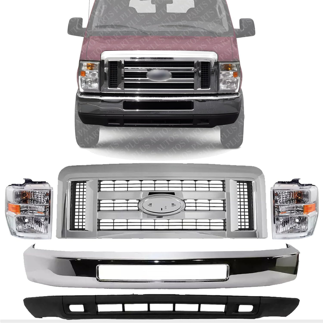 Front Bumper + Grille Chrome Shell & Insert + Lower Valance Textured + Head Lights Left Driver And Right Passenger Side Direct Replacement Compatible With 2008-2019 Ford Econoline Van