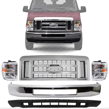 Front Bumper + Grille Chrome Shell & Insert + Lower Valance Textured + Head Lights Left Driver And Right Passenger Side Direct Replacement Compatible With 2008-2019 Ford Econoline Van