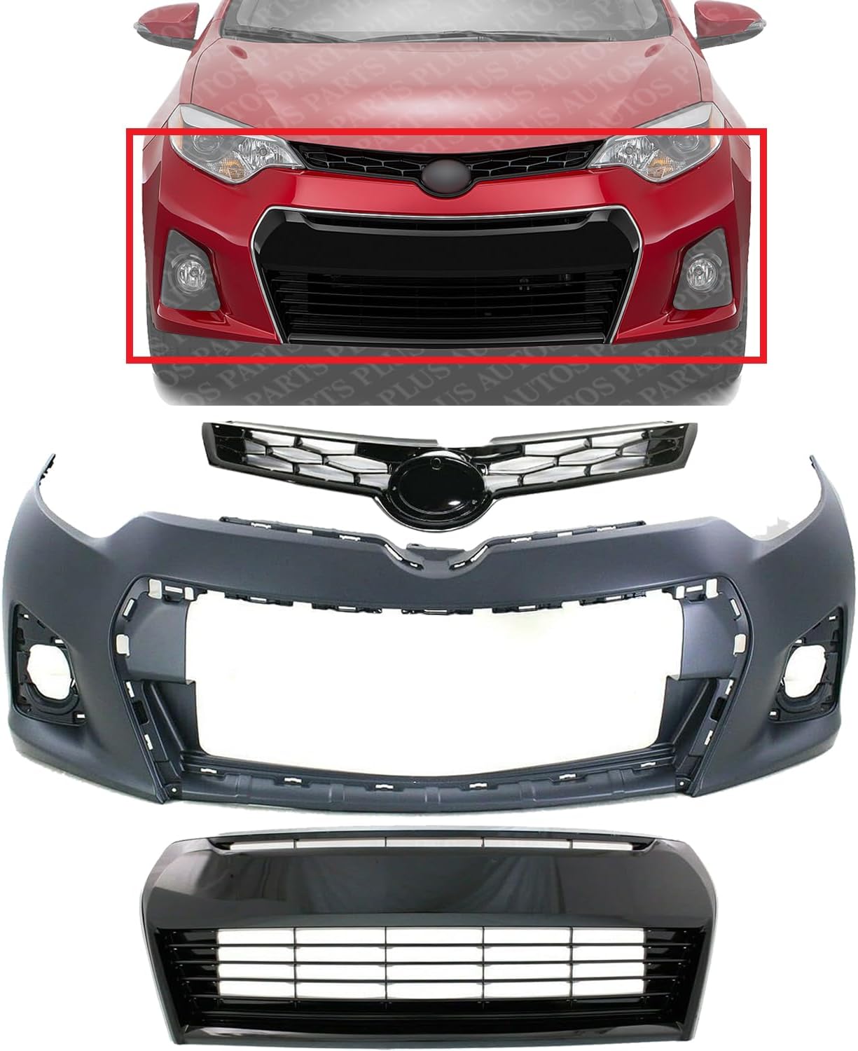 Front Bumper Cover Primed + Upper & Lower Grille Direct Replacement Compatible With 2014-2016 Toyota Corolla TO1000400 TO1036150 TO1200365 5211903906 5310202210 5310002570