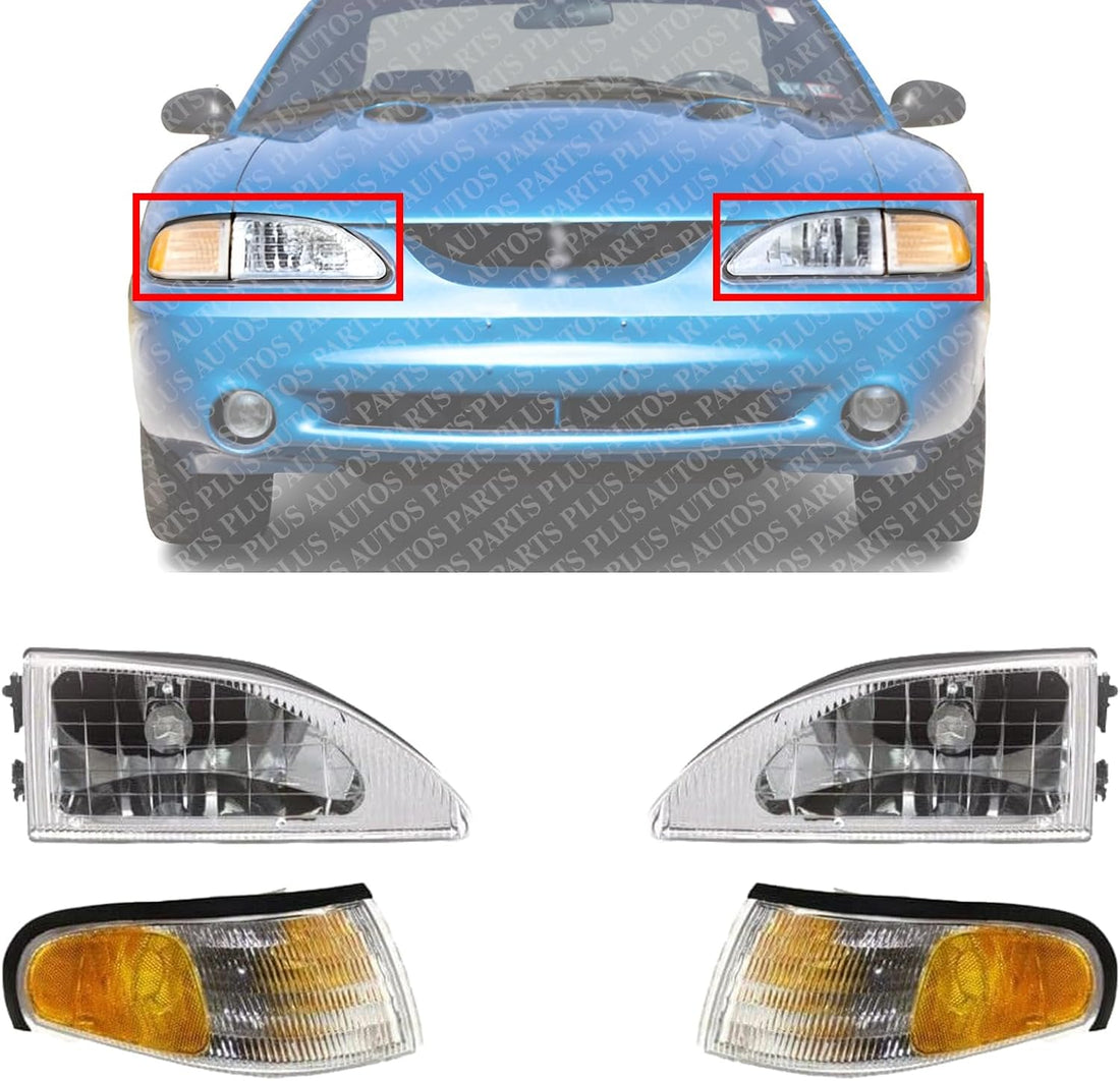 AUTOS PARTS PLUS Front Headlights Assembly + Corner Lamp Right Passenger & Left Driver Side Direct Replacement Compatible With 1994-1998 Ford Mustang FO2503161 FO2502161 FO2520125 FO2521125