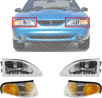 AUTOS PARTS PLUS Front Headlights Assembly + Corner Lamp Right Passenger & Left Driver Side Direct Replacement Compatible With 1994-1998 Ford Mustang FO2503161 FO2502161 FO2520125 FO2521125