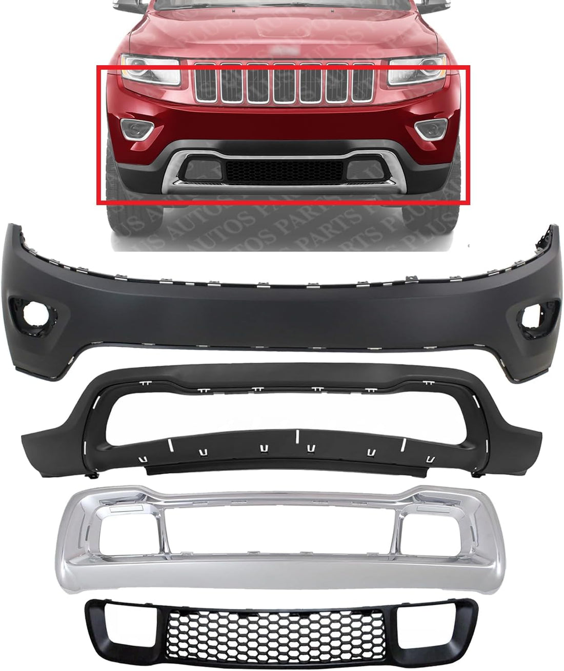 Front Bumper Upper And Lower Cover + Grille & Frame Direct Replacement Compatible With 2014-2016 Jeep Grand Cherokee CH1014105 CH1015114 CH1036128 CH1037107 1WL27TZZAC 68143076AD