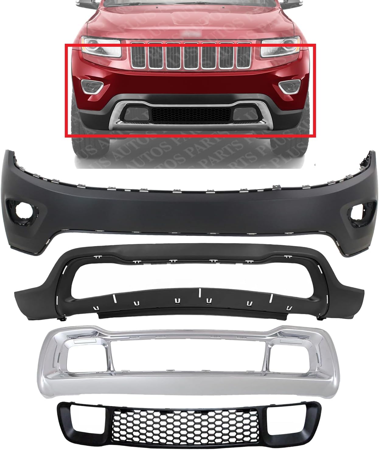 Front Bumper Upper And Lower Cover + Grille & Frame Direct Replacement Compatible With 2014-2016 Jeep Grand Cherokee CH1014105 CH1015114 CH1036128 CH1037107 1WL27TZZAC 68143076AD