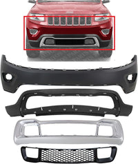 Front Bumper Upper And Lower Cover + Grille & Frame Direct Replacement Compatible With 2014-2016 Jeep Grand Cherokee CH1014105 CH1015114 CH1036128 CH1037107 1WL27TZZAC 68143076AD