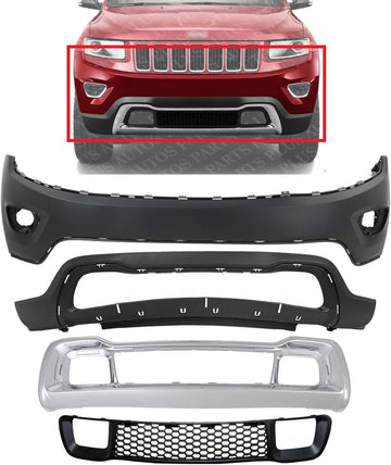 Front Bumper Upper And Lower Cover + Grille & Frame Direct Replacement Compatible With 2014-2016 Jeep Grand Cherokee CH1014105 CH1015114 CH1036128 CH1037107 1WL27TZZAC 68143076AD