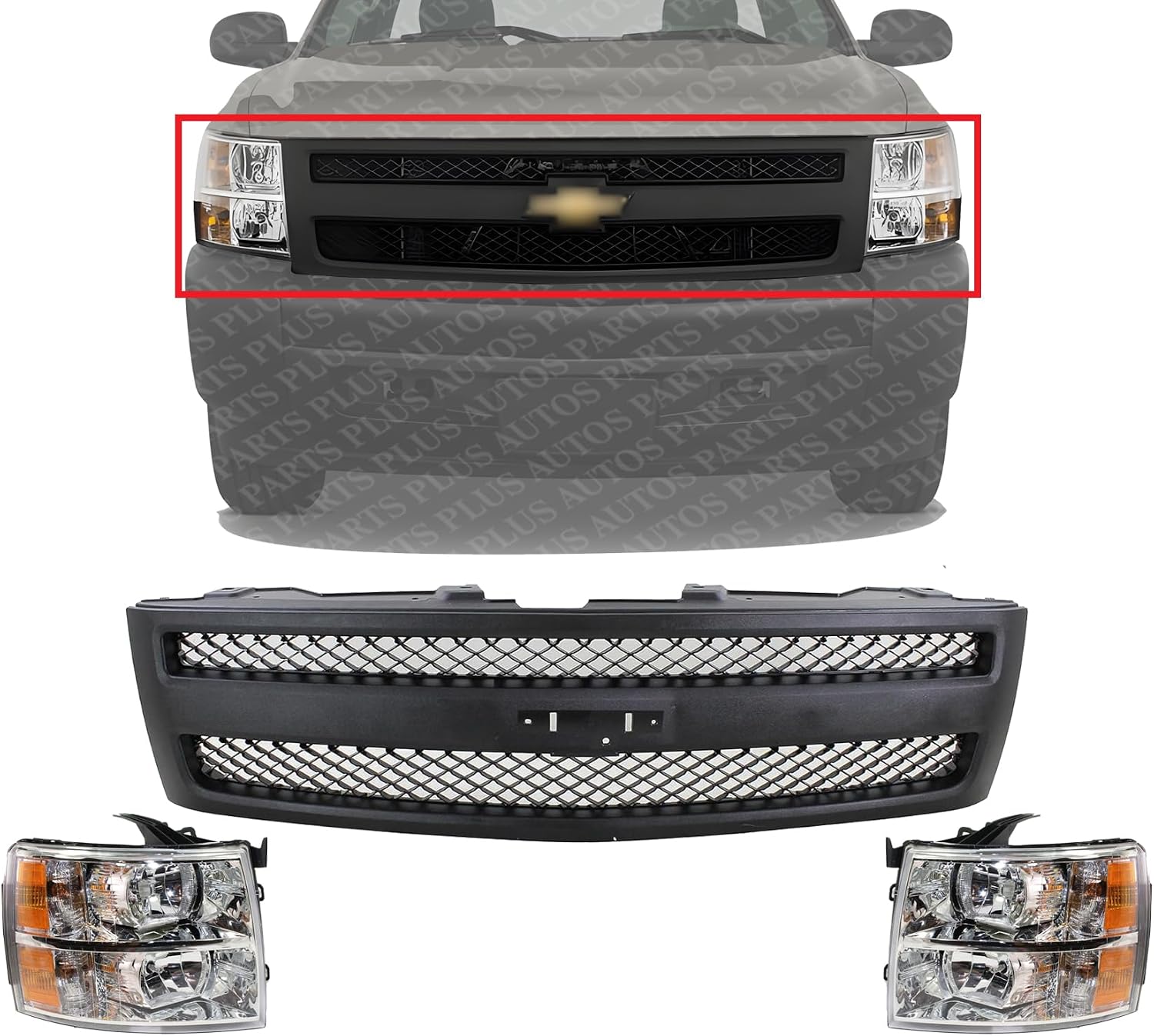 Front Grille Textured Shell And Insert + Headlight Left Driver & Right Passenger Side Direct Replacement Compatible With 2007-2013 Chevrolet Silverado 1500 GM1200578 GM2502280