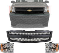 Front Grille Textured Shell And Insert + Headlight Left Driver & Right Passenger Side Direct Replacement Compatible With 2007-2013 Chevrolet Silverado 1500 GM1200578 GM2502280