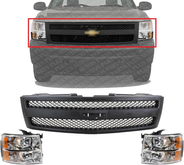 Front Grille Textured Shell And Insert + Headlight Left Driver & Right Passenger Side Direct Replacement Compatible With 2007-2013 Chevrolet Silverado 1500 GM1200578 GM2502280