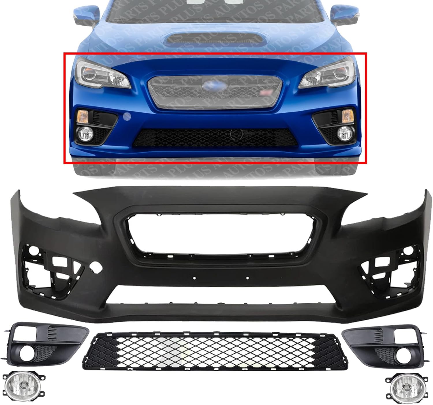 Front Bumper Cover Primed Plastic + Lower Center Grille + Fog Light + Trim Left Driver & Right Passenger Side Direct Replacement Compatible With 2015-2017 Subaru WRX