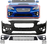 Front Bumper Cover Primed Plastic + Lower Center Grille + Fog Light + Trim Left Driver & Right Passenger Side Direct Replacement Compatible With 2015-2017 Subaru WRX