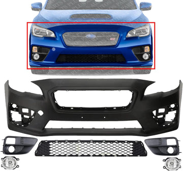 Front Bumper Cover Primed Plastic + Lower Center Grille + Fog Light + Trim Left Driver & Right Passenger Side Direct Replacement Compatible With 2015-2017 Subaru WRX