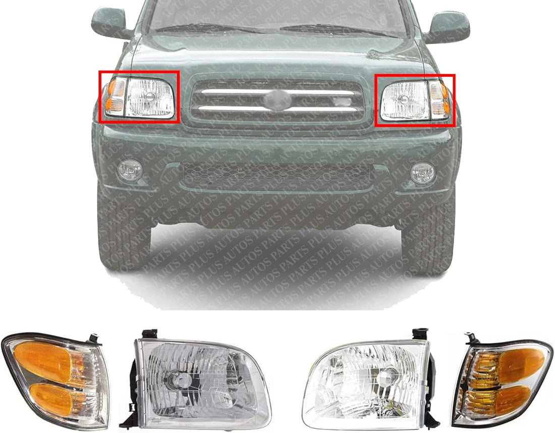 AUTOS PARTS PLUS Front Headlights+ Signal Lamps Assembly Right Passenger & Left Driver Side Direct Replacement Compatible With 2001-2004 Toyota Sequoia / 2000-2004 Tundra TO2503144 TO2502144