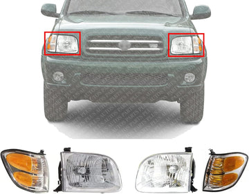 AUTOS PARTS PLUS Front Headlights+ Signal Lamps Assembly Right Passenger & Left Driver Side Direct Replacement Compatible With 2001-2004 Toyota Sequoia / 2000-2004 Tundra TO2503144 TO2502144