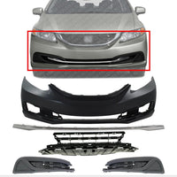 AUTOS PARTS PLUS Front Bumper Cover Primed + Lower Grille + Molding Chrome + Fog Light Cover Textured Right Passenger & Left Driver Side Direct Replacement Compatible With 2013-2015 Honda Civic