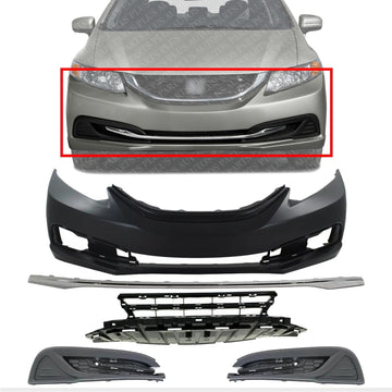 AUTOS PARTS PLUS Front Bumper Cover Primed + Lower Grille + Molding Chrome + Fog Light Cover Textured Right Passenger & Left Driver Side Direct Replacement Compatible With 2013-2015 Honda Civic