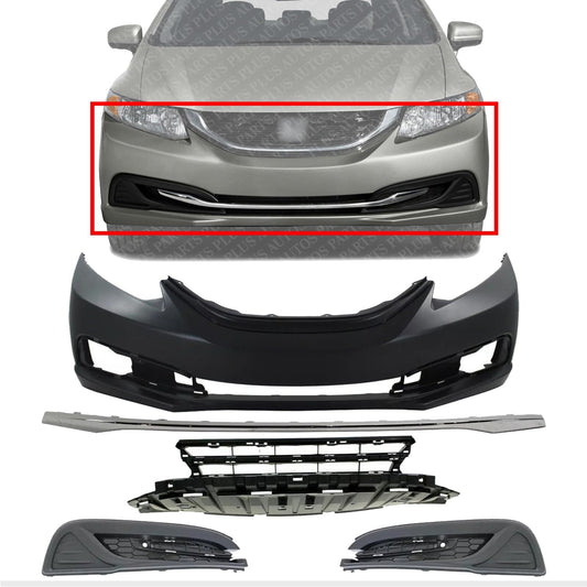 AUTOS PARTS PLUS Front Bumper Cover Primed + Lower Grille + Molding Chrome + Fog Light Cover Textured Right Passenger & Left Driver Side Direct Replacement Compatible With 2013-2015 Honda Civic