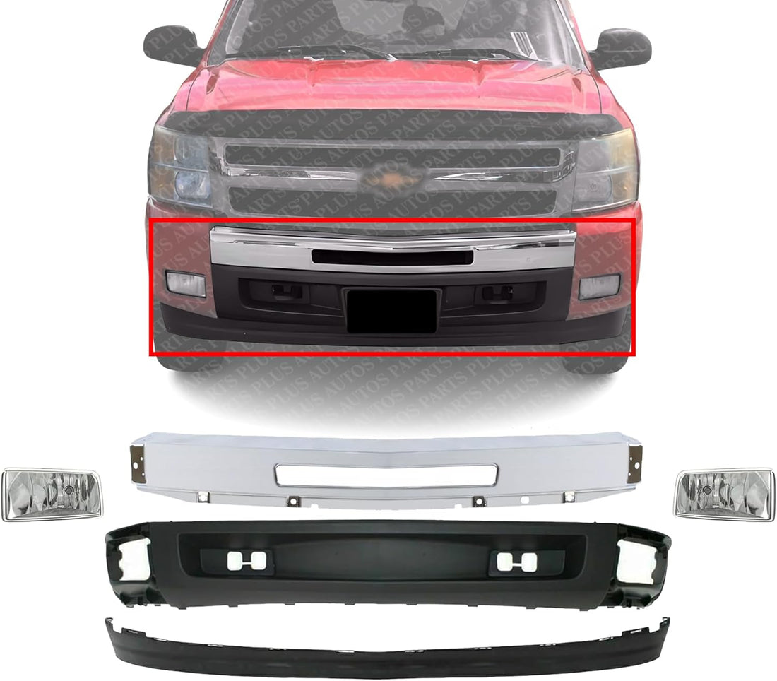 AUTOS PARTS PLUS Front Bumper Chrome Steel + Lower Valance + Extension Textured + Fog Light Driver & Passenger Side Direct Replacement Compatible With 2007-2013 Chevrolet Silverado 1500 GM1092192