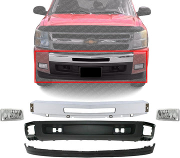 AUTOS PARTS PLUS Front Bumper Chrome Steel + Lower Valance + Extension Textured + Fog Light Driver & Passenger Side Direct Replacement Compatible With 2007-2013 Chevrolet Silverado 1500 GM1092192