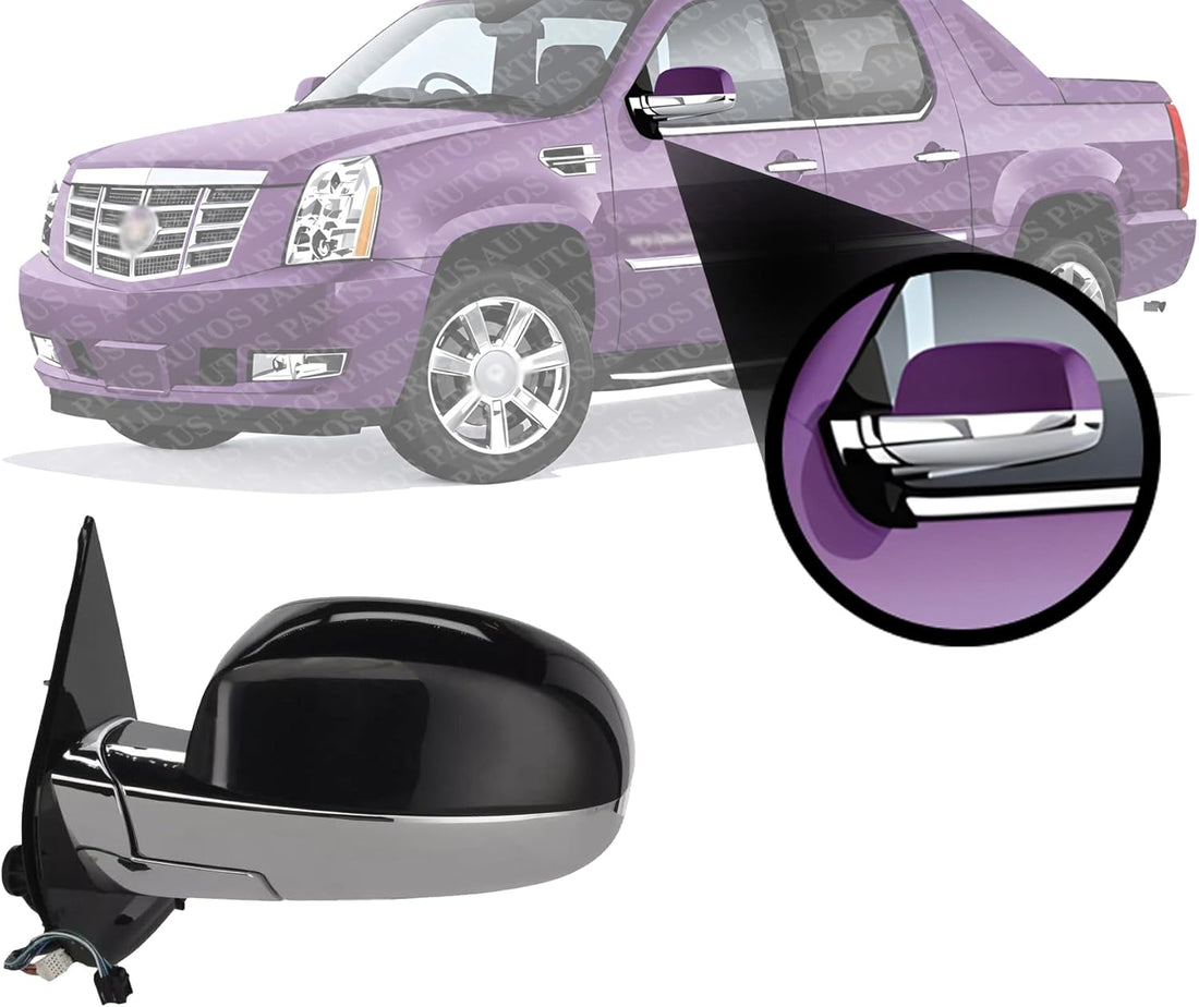 Front Power Mirror Non-Towing Folding Heated Chrome Body With Primed Cap Left Driver Side Direct Replacement Compatible With 2007-2014 Cadillac Escalade 25831078