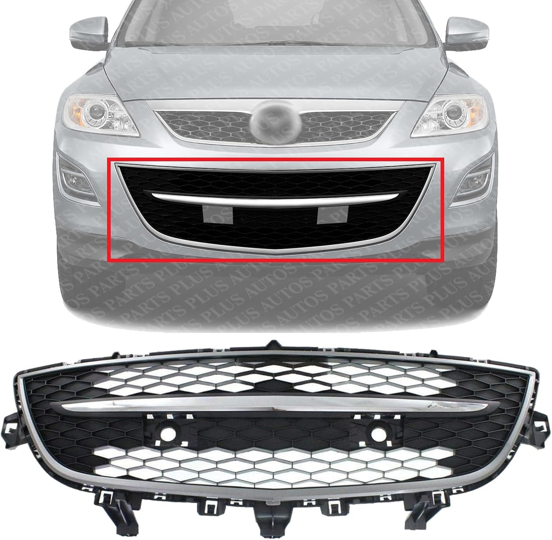 Front Bumper Lower Grille Primed With Chrome Trim Plastic Direct Replacement Compatible With 2010-2012 Mazda CX-9 MA1036119 TE69501T0A