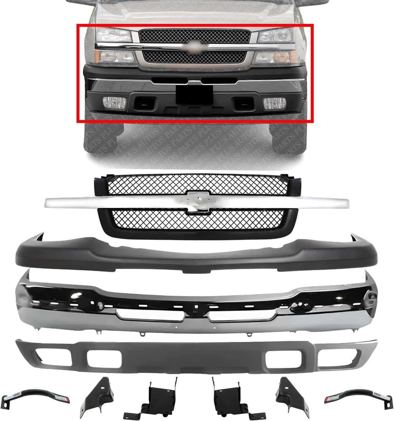 Front Bumper Chrome + Grille Mesh With Chrome Center Bar + Upper Cover + Valance Textured + Bracket Set of 6 Direct Replacement For Chevy Silverado 1500 2003-2006 / Avalanche 02-2006