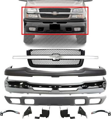 Front Bumper Chrome + Grille Mesh With Chrome Center Bar + Upper Cover + Valance Textured + Bracket Set of 6 Direct Replacement For Chevy Silverado 1500 2003-2006 / Avalanche 02-2006