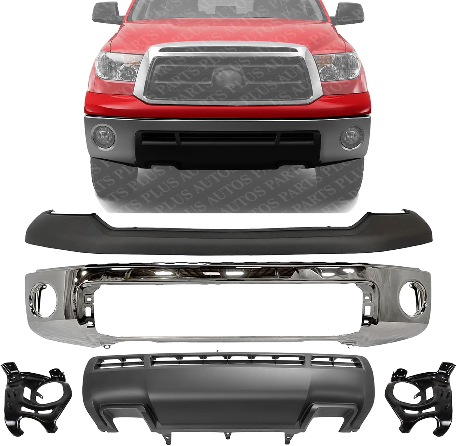 Front Bumper Face Bar Chrome Steel + Upper Cover + Lower Valance Panel + Mounting Arm Brackets Left & Right Side Direct Replacement Compatible With 2010-2013 Toyota Tundra TO1002182