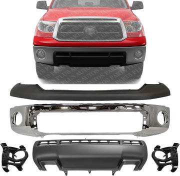 Front Bumper Face Bar Chrome Steel + Upper Cover + Lower Valance Panel + Mounting Arm Brackets Left & Right Side Direct Replacement Compatible With 2010-2013 Toyota Tundra TO1002182