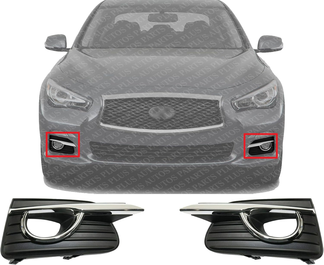 Set Of 2 Front Fog Light Molding Primed With Chrome Trim Plastic Left Driver & Right Passenger Side Direct Replacement Compatible 2014-2017 Infiniti Q50 IN1039105 IN1038105