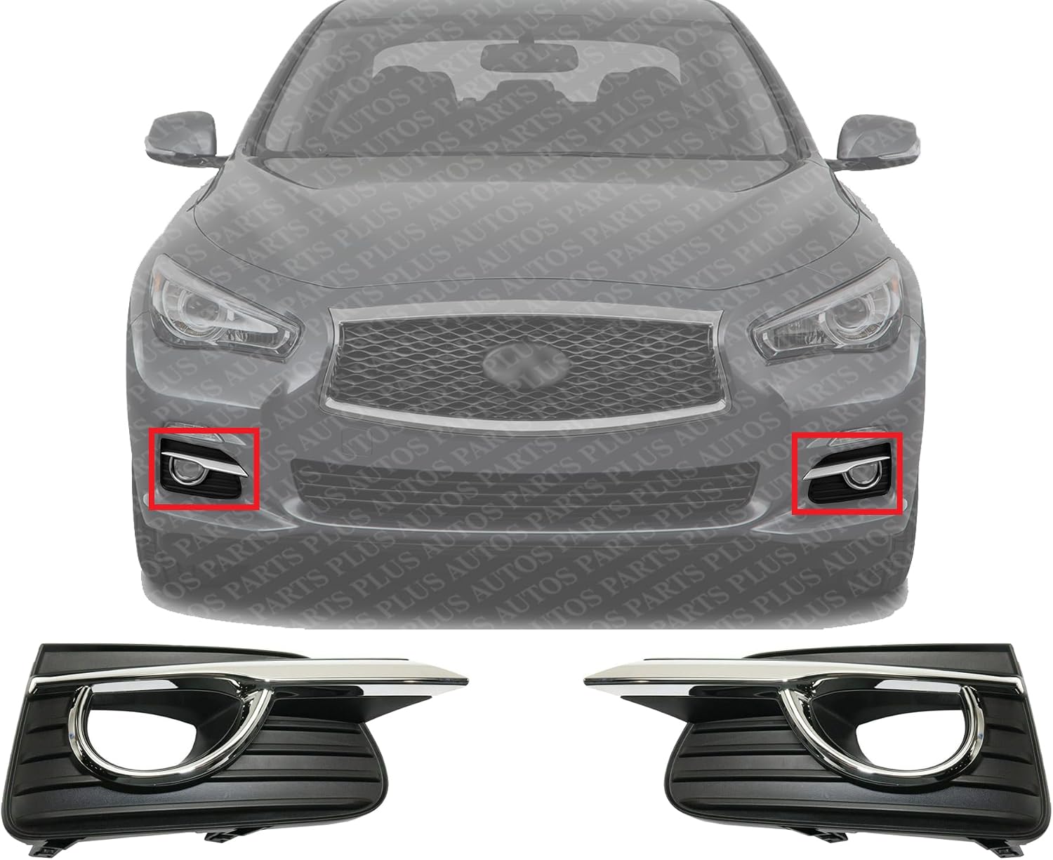 Set Of 2 Front Fog Light Molding Primed With Chrome Trim Plastic Left Driver & Right Passenger Side Direct Replacement Compatible 2014-2017 Infiniti Q50 IN1039105 IN1038105