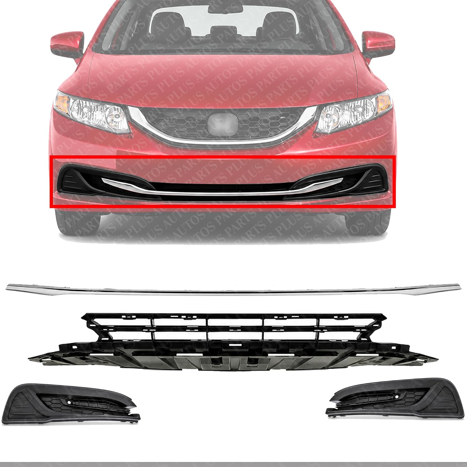 Front Bumper Lower Grille + Molding Chrome + Fog Light Covers Textured Right Passenger & Left Driver Side Direct Replacement Compatible With 2013-2015 Honda Civic HO1044102 HO1036113