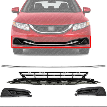 Front Bumper Lower Grille + Molding Chrome + Fog Light Covers Textured Right Passenger & Left Driver Side Direct Replacement Compatible With 2013-2015 Honda Civic HO1044102 HO1036113