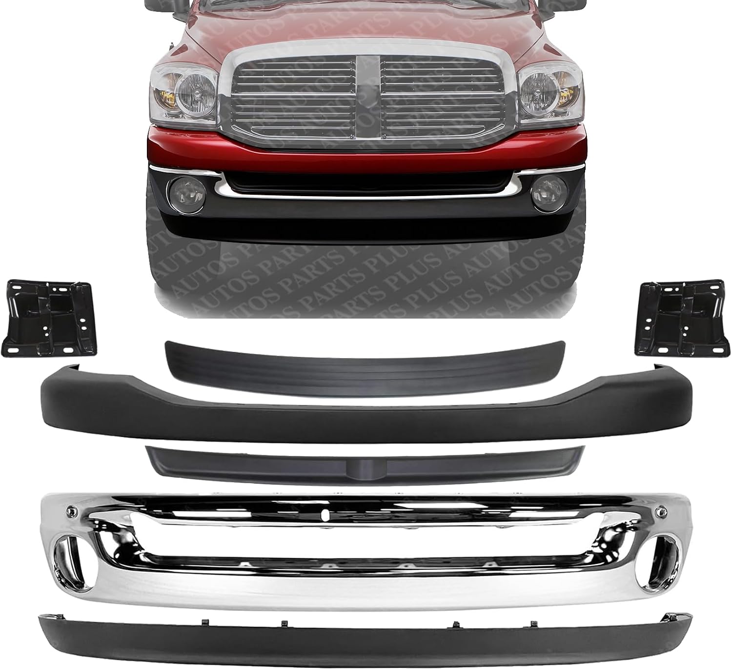 Front Bumper Steel + Upper Cover + Lower Valance + Inner Filler + Step Pad Molding + Brackets Left & Right Side Direct Replacement Compatible With 2006-2008 Dodge Ram 1500 2500 3500