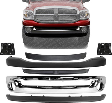 Front Bumper Steel + Upper Cover + Lower Valance + Inner Filler + Step Pad Molding + Brackets Left & Right Side Direct Replacement Compatible With 2006-2008 Dodge Ram 1500 2500 3500
