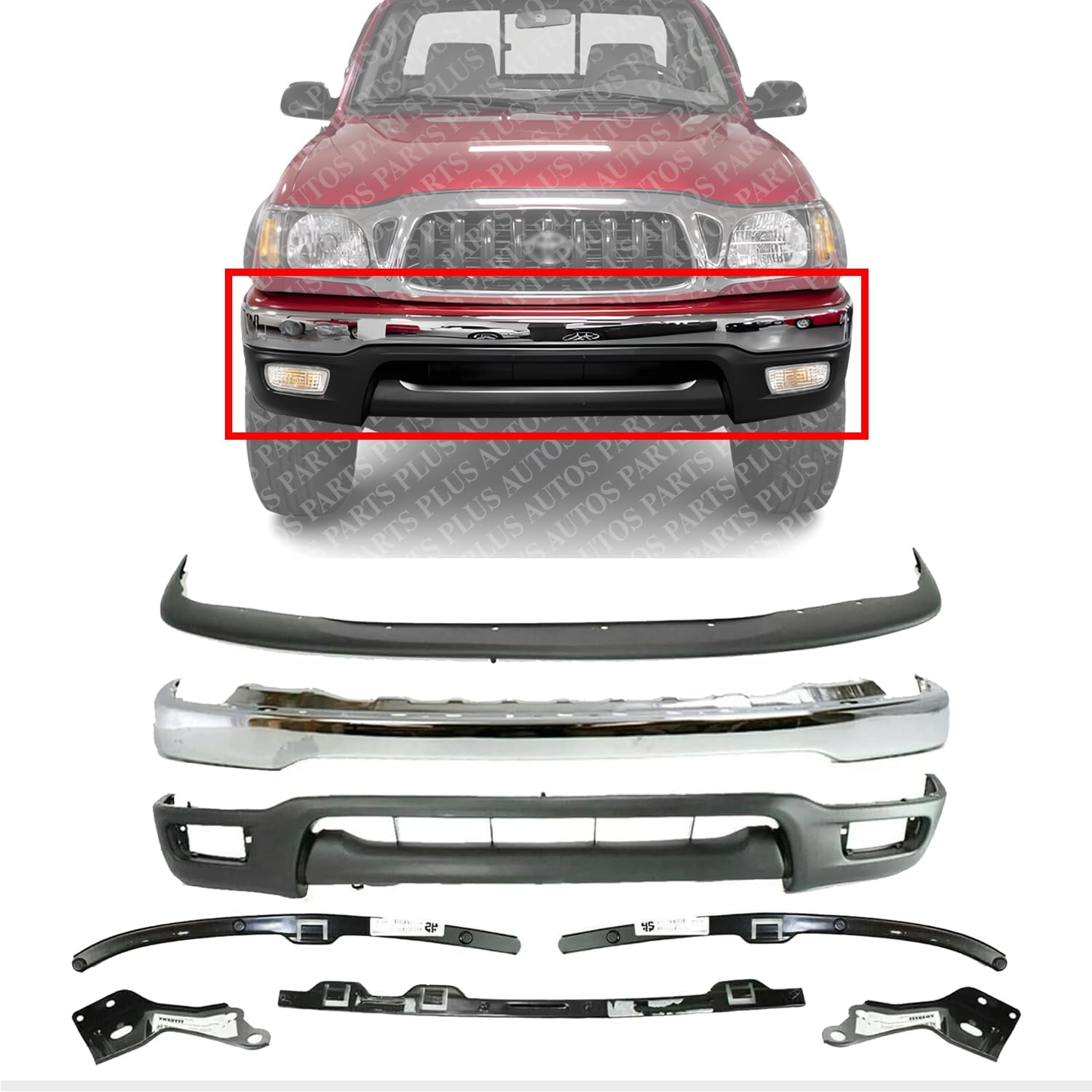 Front Bumper Chrome + Upper Cover + Lower Valance + Retainer + Brackets Left Driver And Right Side Direct Replacement Compatible With 2001-2004 Toyota Tacoma TO1002174 TO1087112