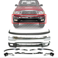 Front Bumper Chrome + Upper Cover + Lower Valance + Retainer + Brackets Left Driver And Right Side Direct Replacement Compatible With 2001-2004 Toyota Tacoma TO1002174 TO1087112