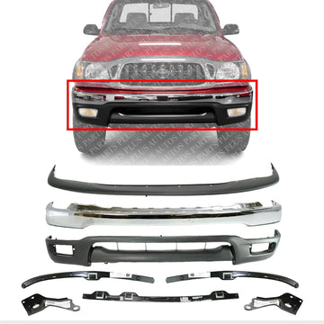 Front Bumper Chrome + Upper Cover + Lower Valance + Retainer + Brackets Left Driver And Right Side Direct Replacement Compatible With 2001-2004 Toyota Tacoma TO1002174 TO1087112