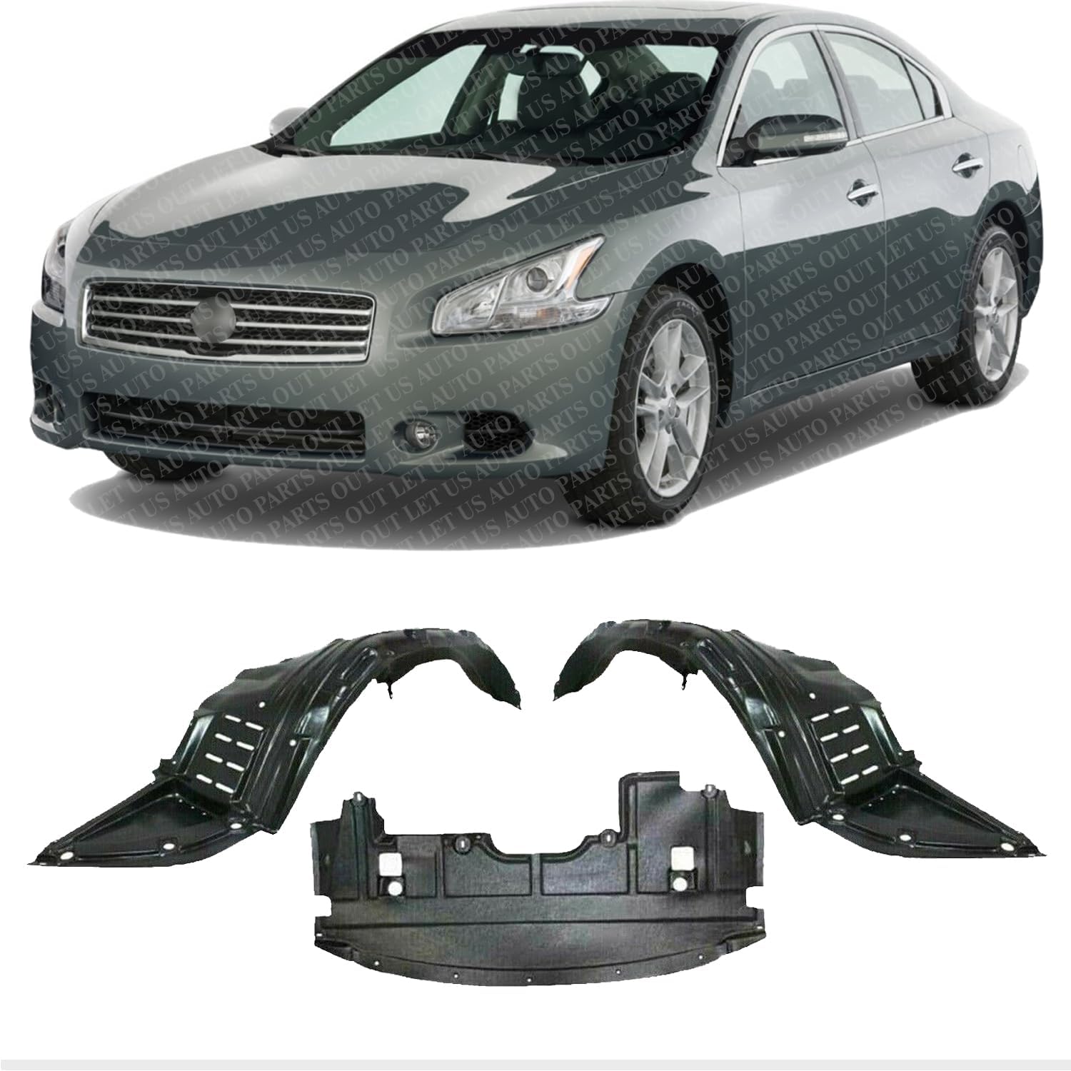 Front Engine Splash Shield + Fender Liner Left Driver & Right Passenger Side Direct Replacement Compatible With 2007-2010 Nissan Altima / 2009-2014 Maxima NI1249119 NI1248119