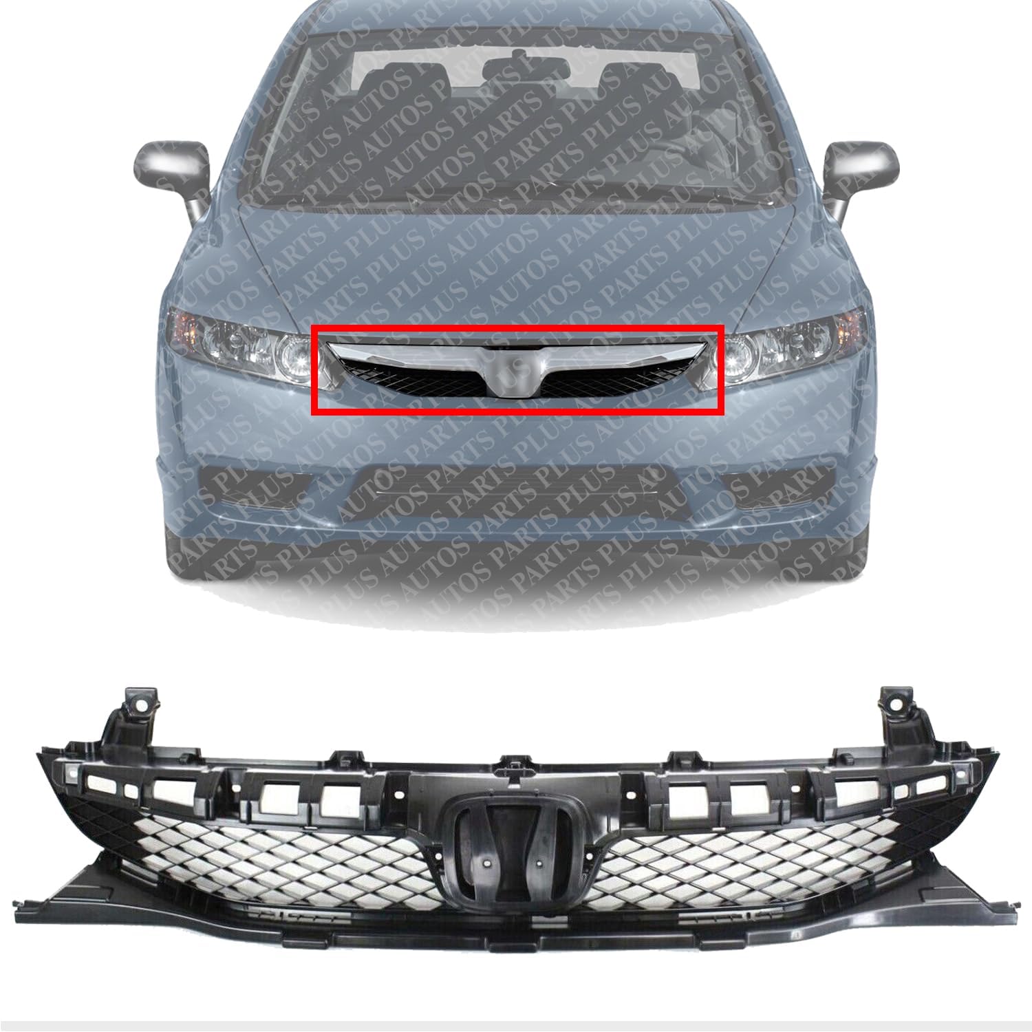 Front Grille Shell & Insert Primed Direct Replacement Compatible With 2009-2011 Honda Civic HO1200198 71121SNAA50
