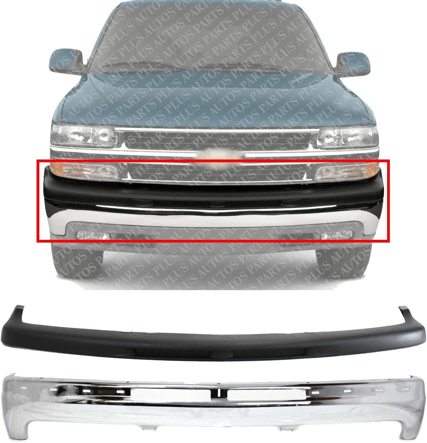 Front Bumper Chrome Steel Without Bracket + Upper Cover Direct Replacement Compatible With 1999-2002 Chevrolet Silverado 1500 2500/2000-2006 Tahoe/Suburban GM1002376 GM1051103