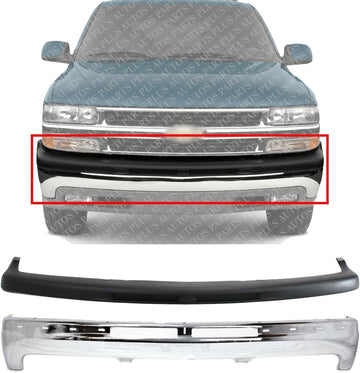 Front Bumper Chrome Steel Without Bracket + Upper Cover Direct Replacement Compatible With 1999-2002 Chevrolet Silverado 1500 2500/2000-2006 Tahoe/Suburban GM1002376 GM1051103