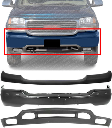 Front Bumper + Upper Cover Primed + Lower Valance Air Deflector Textured Direct Replacement Compatible With 1999-2002 GMC Sierra / 2001-2006 Yukon 1500 2500 GM1051105 GM1092169